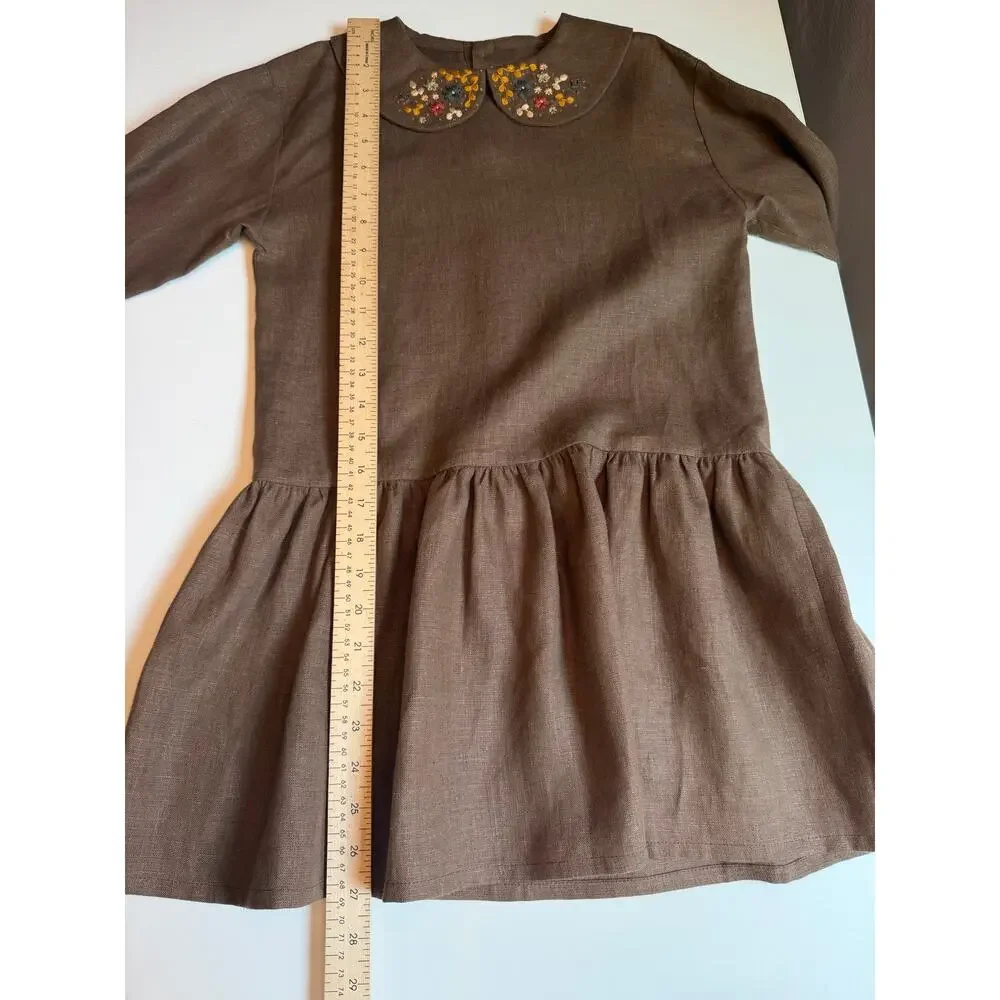 Hand Made 100% Linen Girls 7/8yo Boho Dress Embroidered Long Sleeve Cottagecore